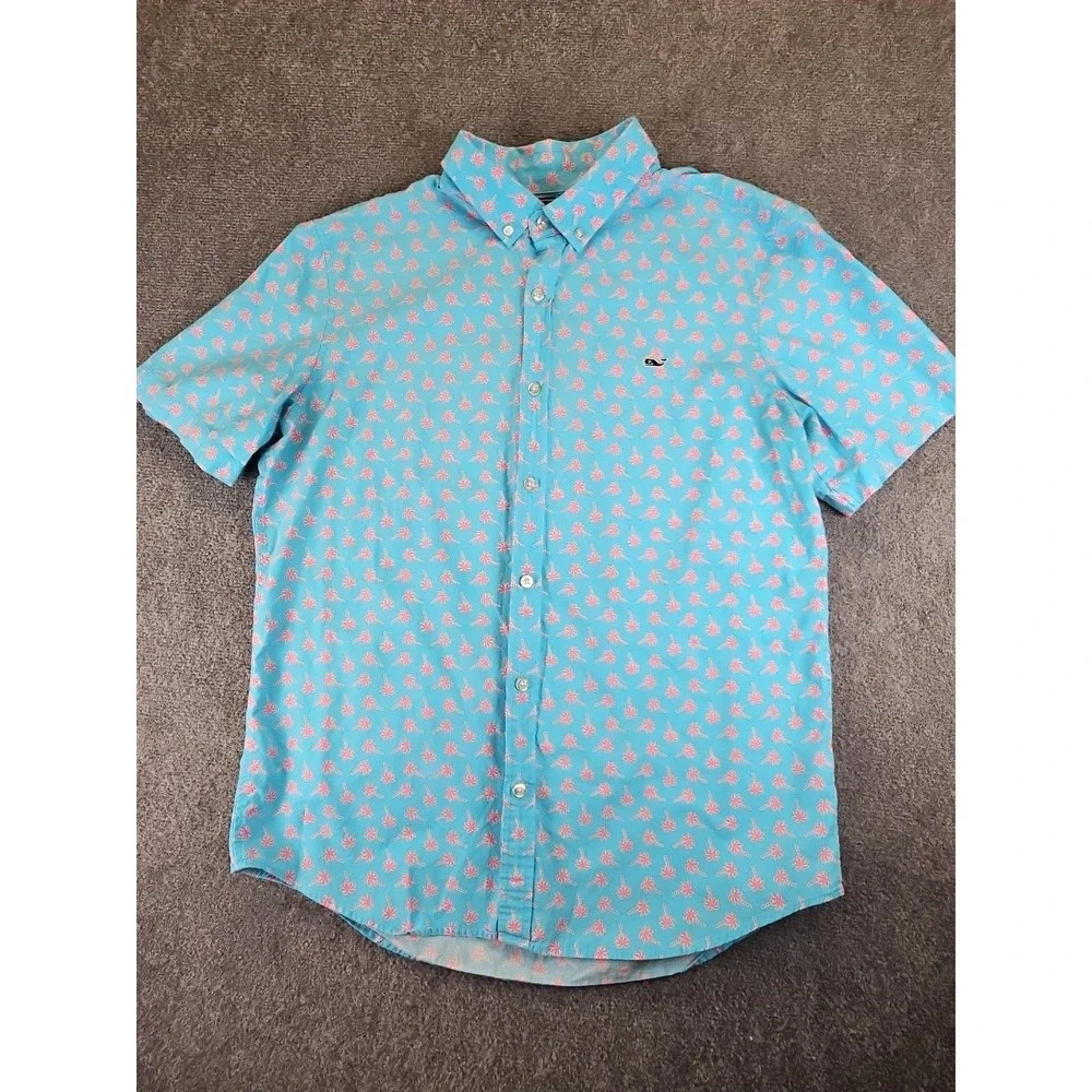 Vineyard Vines Mens L Slim Fit Whale Shirt Blue Pink PalmTrees Short Sleeve 1392 - Picture 2 of 13